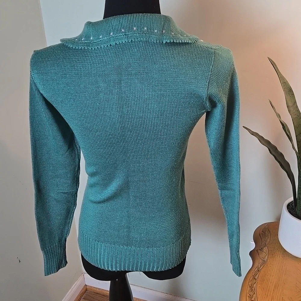 Vintage Fashion Import Floral Embroidered Teal Sweater